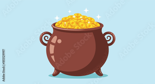 A cartoon pot filled to the brim with sparkling gold coins on a serene light blue background, representing treasure and prosperity.