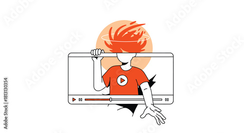 Young person with energetic orange hair bursting from a video player screen