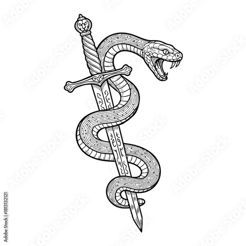 Detailed black and white illustration of a snake with fangs wrapped around a medieval sword, symbolizing power and danger.