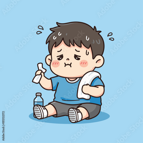 Cartoon boy feeling hot and tired, sweating with a towel and water bottle, sitting down.