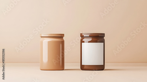 Two glass jars with blank labels, one light brown and one dark brown, on beige background