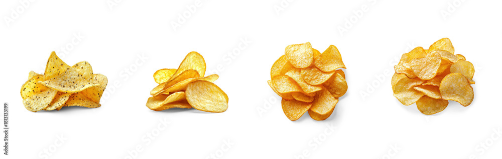 Naklejka premium Four potato chips on a white background.