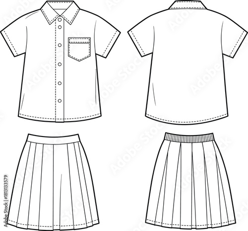 School uniform fashion illustration, short sleeve shirt front and back, pleated skirt design, garment construction drawing, apparel technical sketch, clothing specification