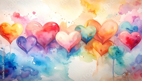 Watercolor painting of colorful hearts perfect for love, valentine and romantic concepts