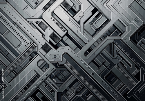 Gray metal plating geometric design with rows of holes and lines creating a layered technological pattern