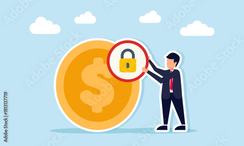 Businessman placing a lock icon on a dollar coin illustration of business financial insurance