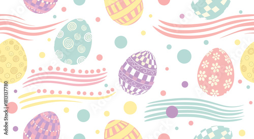 seamless easter egg pattern with pastel decorative eggs polka dots and soft wavy lines ideal for spring holiday designs.