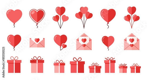 Large Red and Pink Valentine's Day Flat Icons Set Heart Balloons, Love Letters, and Gift Boxes