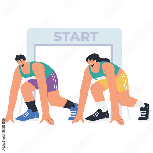 Running Marathon Illustration. Vector illustration of Two runners crouch at the start line ready to sprint in a marathon. Isolated on background