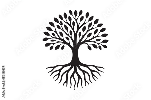 A simplistic black and white illustration of a tree with visible roots