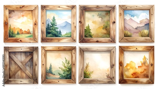 Watercolor Paintings in Wooden Frames Depicting Landscapes and Nature Scenes