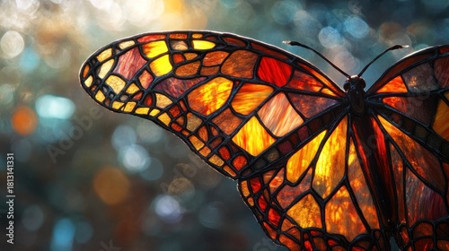 Monarch Butterfly, wings made of delicate, stained-glass panels depicting autumn leaves, surreal glass art texture, backlit to show color