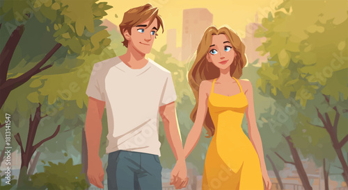Young Couple Walking Hand in Hand in the Park Together
