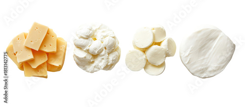 Four different types of cheese chunks isolated on transparent background