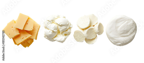 Four different types of cheese arranged in a row isolated on transparent background