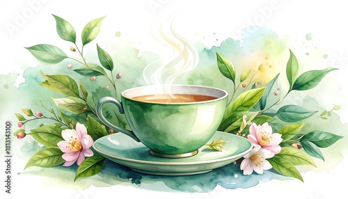 Watercolor Tea Cup Surrounded by Floral Elements on a White Background