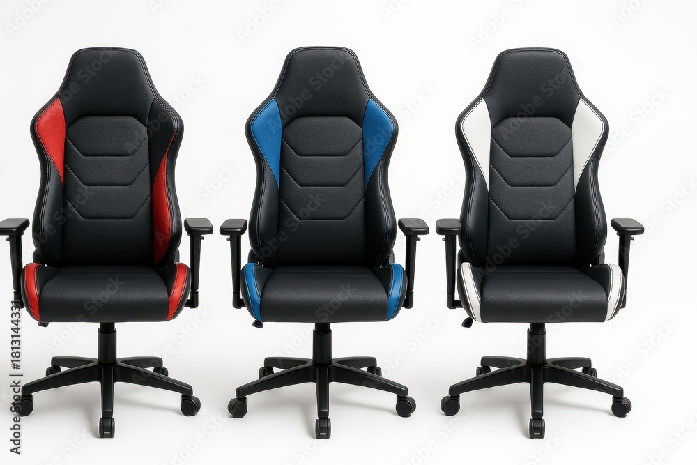Obraz premium Row of three leather gaming chairs in different color accents on pure white background ergonomic gamer seat set for esport setup office desk and pc streaming design