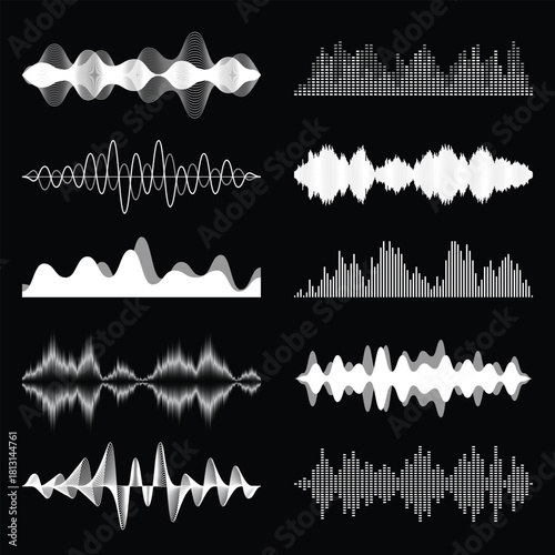A collection of various sound wave forms and audio equalizer vector elements, presented in shades of white and gray on a dark background, depicting different sound visualizations