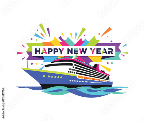 Festive New Year's cruise celebration with vibrant confetti, a nautical adventure awaits, making memories at sea for a fresh start, travel the world