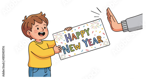 Cartoon boy holding a Happy New Year sign with confetti while an adult hand gestures a stop or wait in the air.