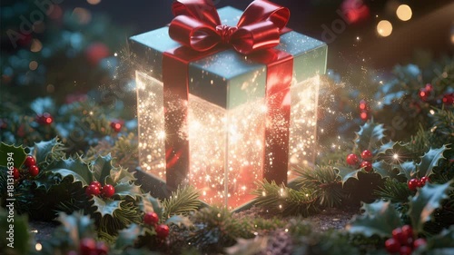 A glowing gift box with magical light, holiday present and christmas box festive sparkle scene evergreen wreath, red ribbon, holly berries, winter decor, cozy night celebration mood with enchanting
