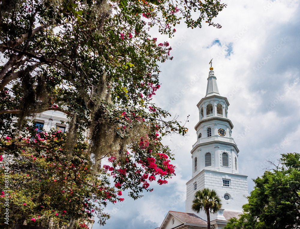 Naklejka premium The steeple of historic St. Michaels Episcopal Church and a beautiful blossom tree in downtown Charleston, South Carolina.