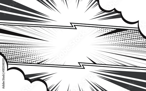 A comic book style panel with action lines speed dots and a dialogue cloud