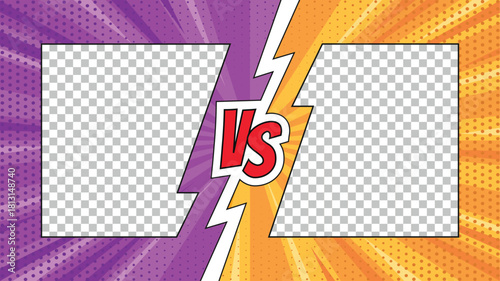 Digital illustration for a comparison concept, featuring text space frames on left and right sides with dramatic "VS" text, placed on an energetic radial line background in vibrant purple and yellow
