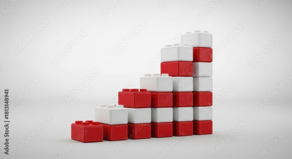 Fototapeta premium Ascending development presented by red and white toy bricks illustrating growth