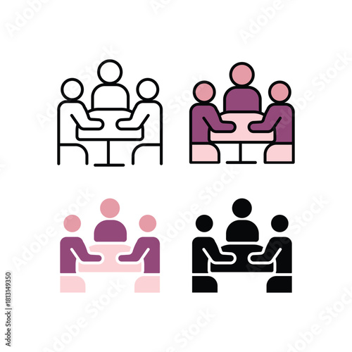 Team discussion at the table icon in line, flat, and color line styles. Perfect for teamwork, meeting, collaboration, brainstorming, group communication, business strategy, and office project concepts