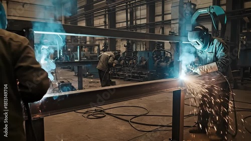 4k shot of a welder working on a metal frame in a factory using a welding torch, generating sparks and bright light against a dark, industrial background, conveying a