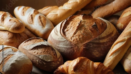 Artisanal Bread Assortment: Rustic Sourdough, Baguettes, and Croissant in Warm, Inviting Light
