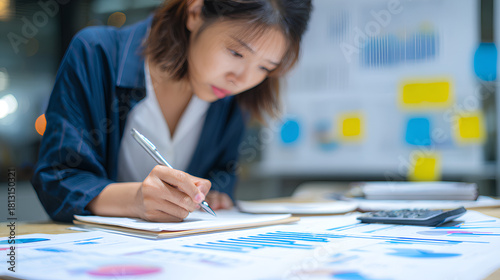 Expert woman asian female people review data number costing managerial account prepare monthly actual cost variance report income tax at audit office. ESG budget control ERP process service project.