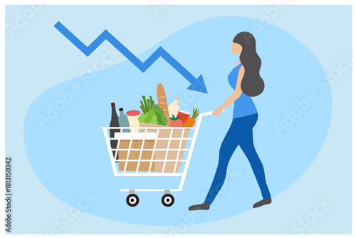 Food inflation and crisis, woman with grocery shopping cart and rising up arrow graph vector illustration. Food inflation, food price increase from economic recession