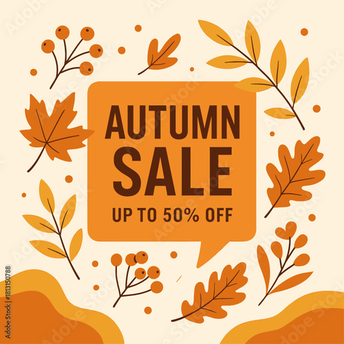 Autumn sale promotion fall season discount offer up to fifty percent off leaves and berries background design vector illustration