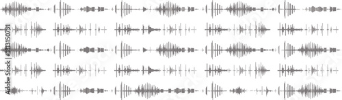 Abstract audio waveform pattern background with repeating sound wave shapes, minimal monochrome design for music technology visuals, modern creative artwork, digital graphic