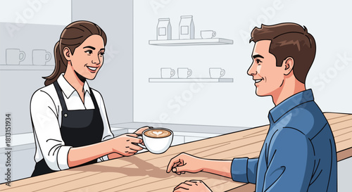 A smiling female server in a black apron handing a cup of coffee to a man sitting at a wooden counter in a modern cafe with a clean and minimalist background.