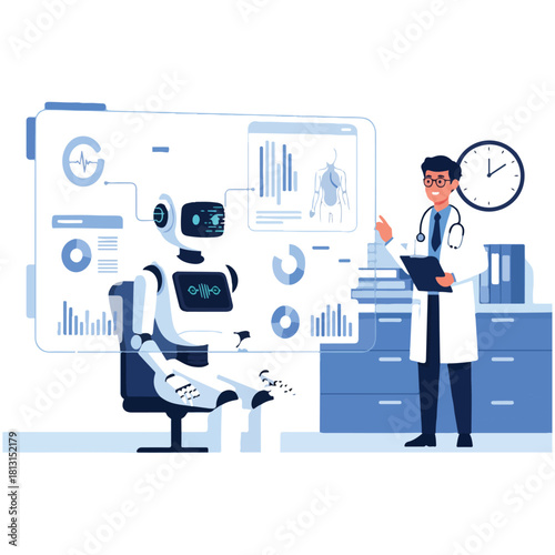 A doctor works with an advanced AI robot in a futuristic medical laboratory, analyzing patient data on a holographic interface.