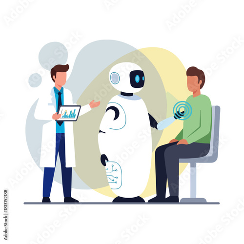 Doctor and robot collaborating to provide medical care to a patient, illustrating AI in healthcare.