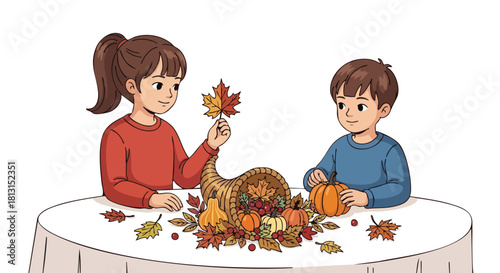 Two children sitting at a table with fall decorations including a turkey, pumpkins, and leaves on a white background.