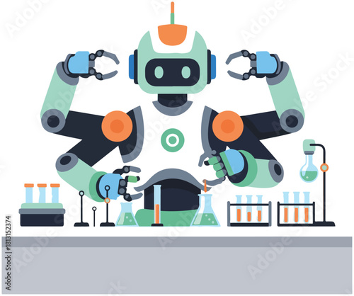 Futuristic four-armed robot conducting chemical experiments in a science laboratory.