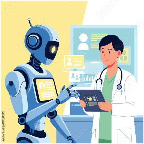 A blue robot and a male doctor in a lab coat interacting, with medical data displayed on screens in the background, illustrating AI in healthcare.