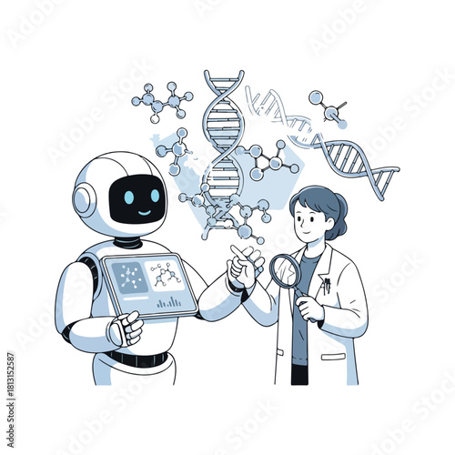 Illustration of a scientist and a robot analyzing DNA and molecules.