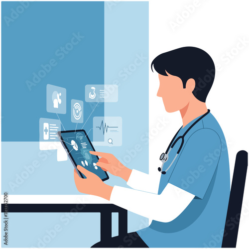Male doctor in scrubs using a tablet with a futuristic holographic interface to access patient medical records and data.