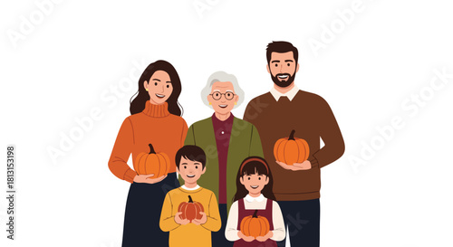 Illustration of a multi-generational family holding pumpkins and fall leaves standing together on a white background with warm autumnal tones.