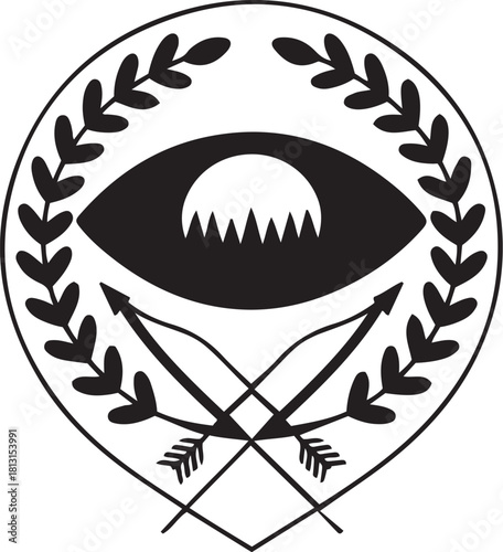 Symbolic emblem with stylized eye, bows, and laurel wreath