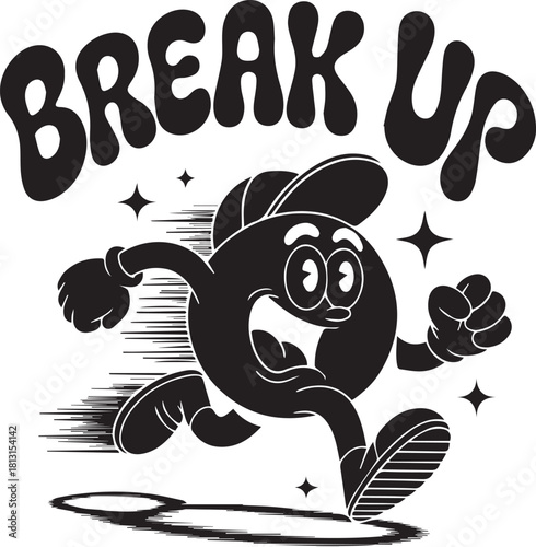 Retro cartoon character running with 'break up' text
