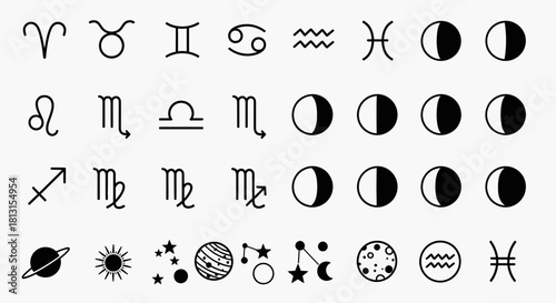 Discover your cosmic destiny with this collection of zodiac symbols, moon phases, and celestial icons for modern astrology and design projects