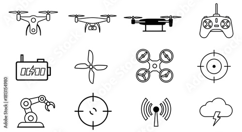 Explore aerial innovation with a collection of drone technology icons, featuring quadcopters, propellers, remote controls, and advanced robotics for modern projects.