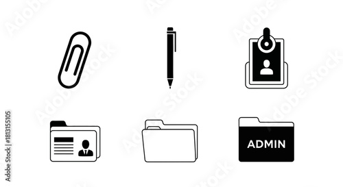 Essential office supplies and administrative icons including paperclip, pen, ID badge, business card holder, and folders for organized workflow solutions